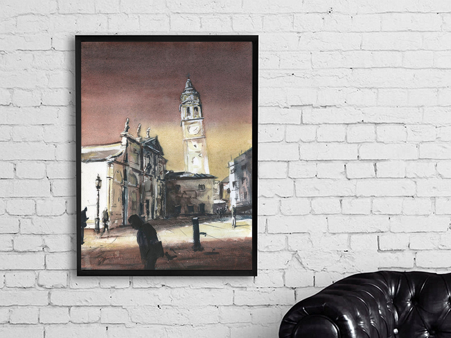 Venecia, Italia torre inclinada-pintura de acuarela. La torre inclinada de Venecia, Italia, obra de arte, campanario de la iglesia, acuarela, arte, pintura de Venecia