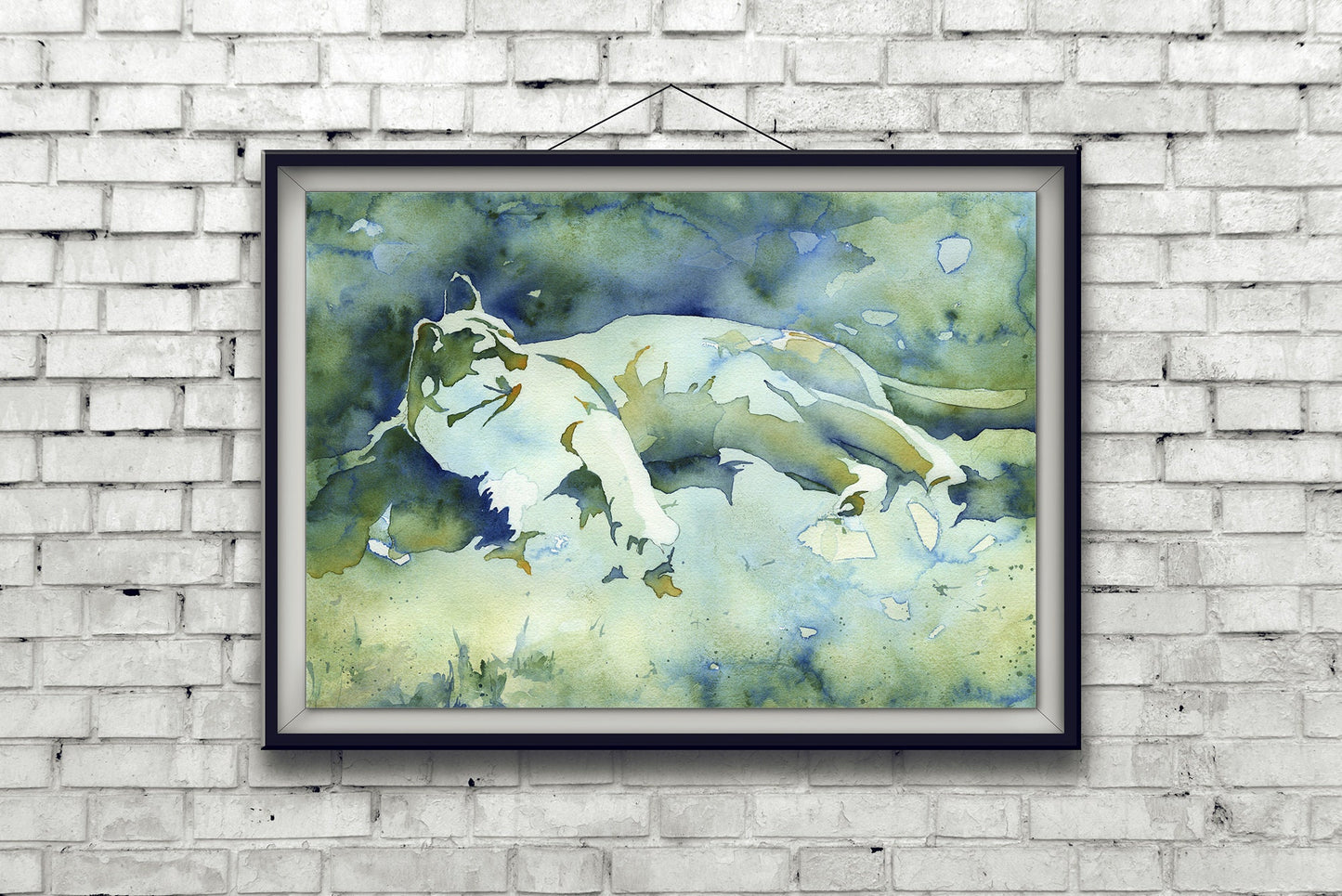Cougar lying on ground.  Watercolor painting of cougar fine art watercolor painting big cat wildlife art painting green blue artwork (print)