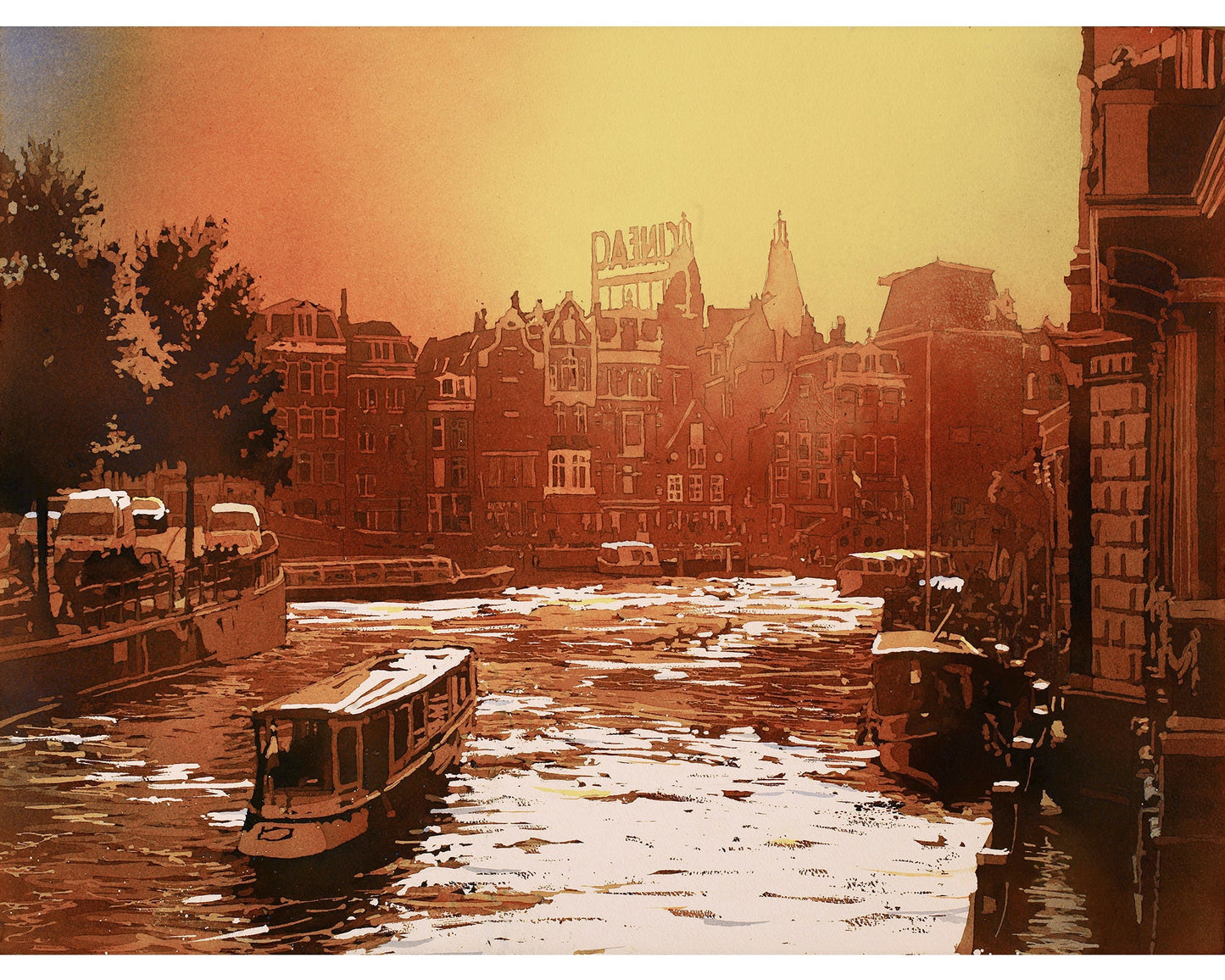 Sunset over canals of Old Amsterdam. Watercolor painting of gabled facades of old architecture in central Amsterdam.