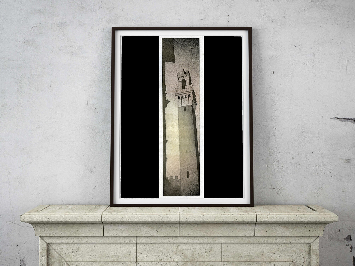 Piazza del Campo in medieval city of Siena, Italy. Watercolor painting of Tower of Mangia in the Pubblico Palace in Siena. Italy home decor (print)