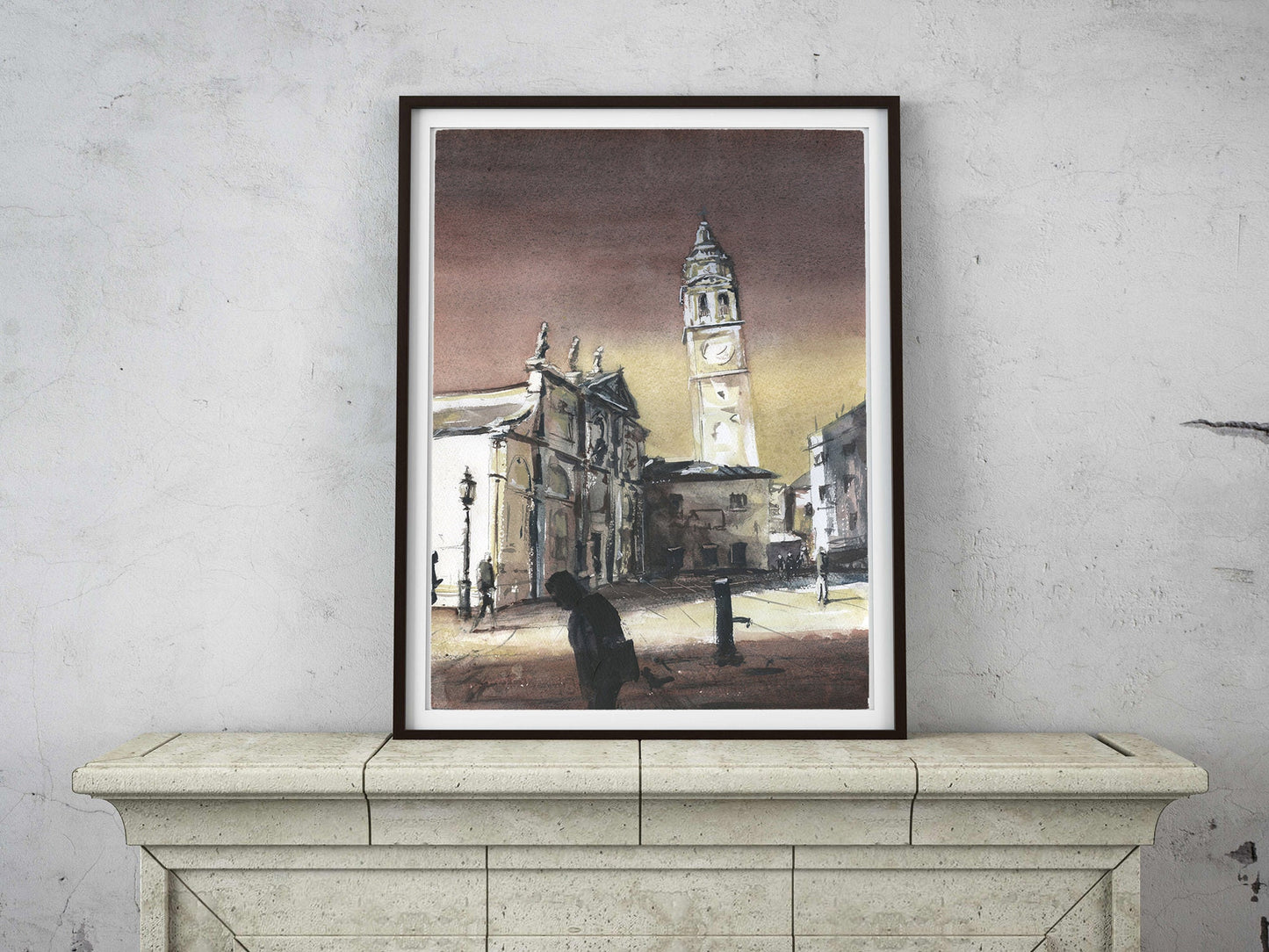 Venecia, Italia torre inclinada-pintura de acuarela. La torre inclinada de Venecia, Italia, obra de arte, campanario de la iglesia, acuarela, arte, pintura de Venecia