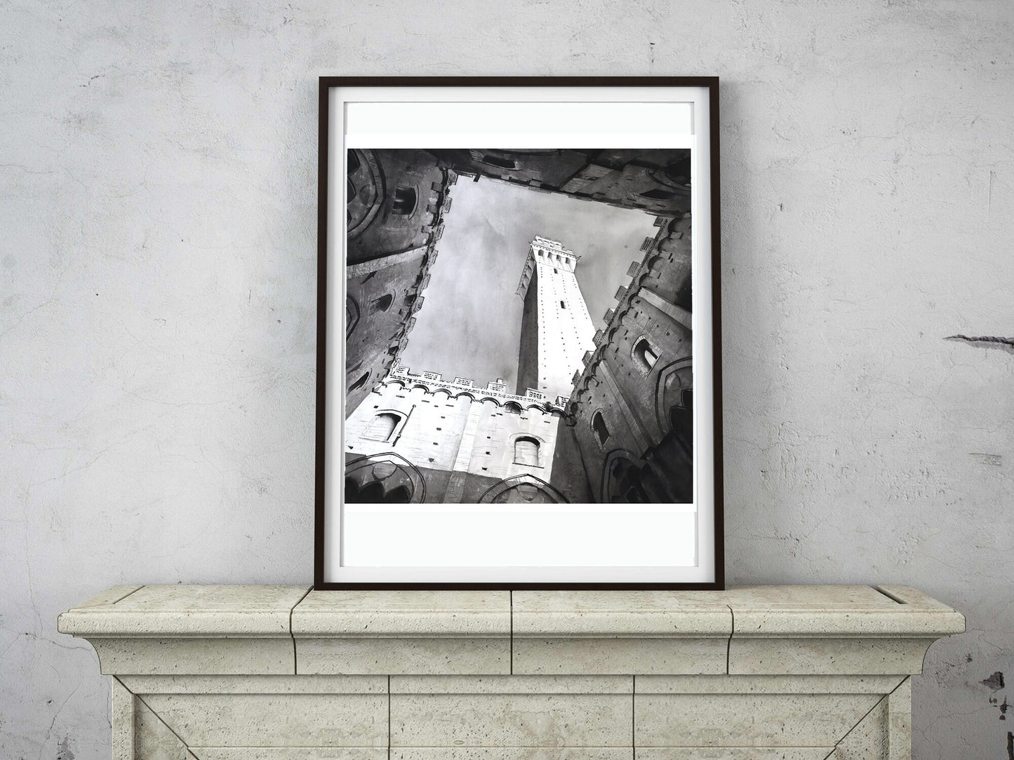 Pintura de acuarela de Siena, Italia. Il Campo en la ciudad medieval de Siena Italia pintura de bellas artes arte B&W Italia pintura arte blanco negro