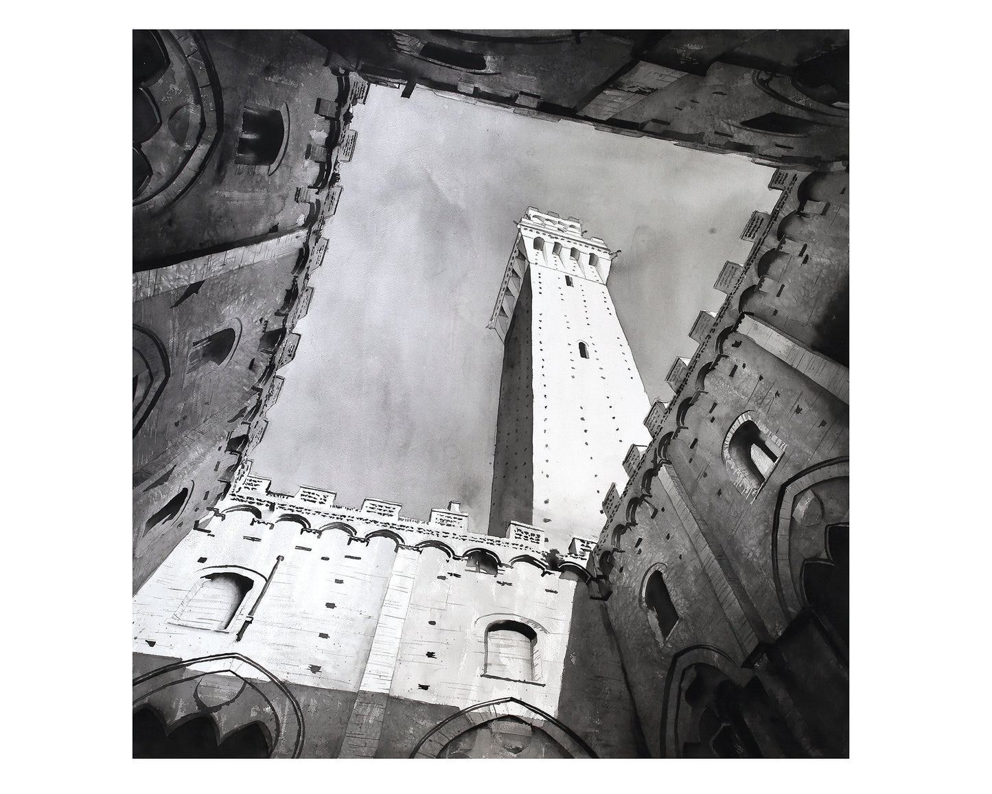 Pintura de acuarela de Siena, Italia. Il Campo en la ciudad medieval de Siena Italia pintura de bellas artes arte B&W Italia pintura arte blanco negro