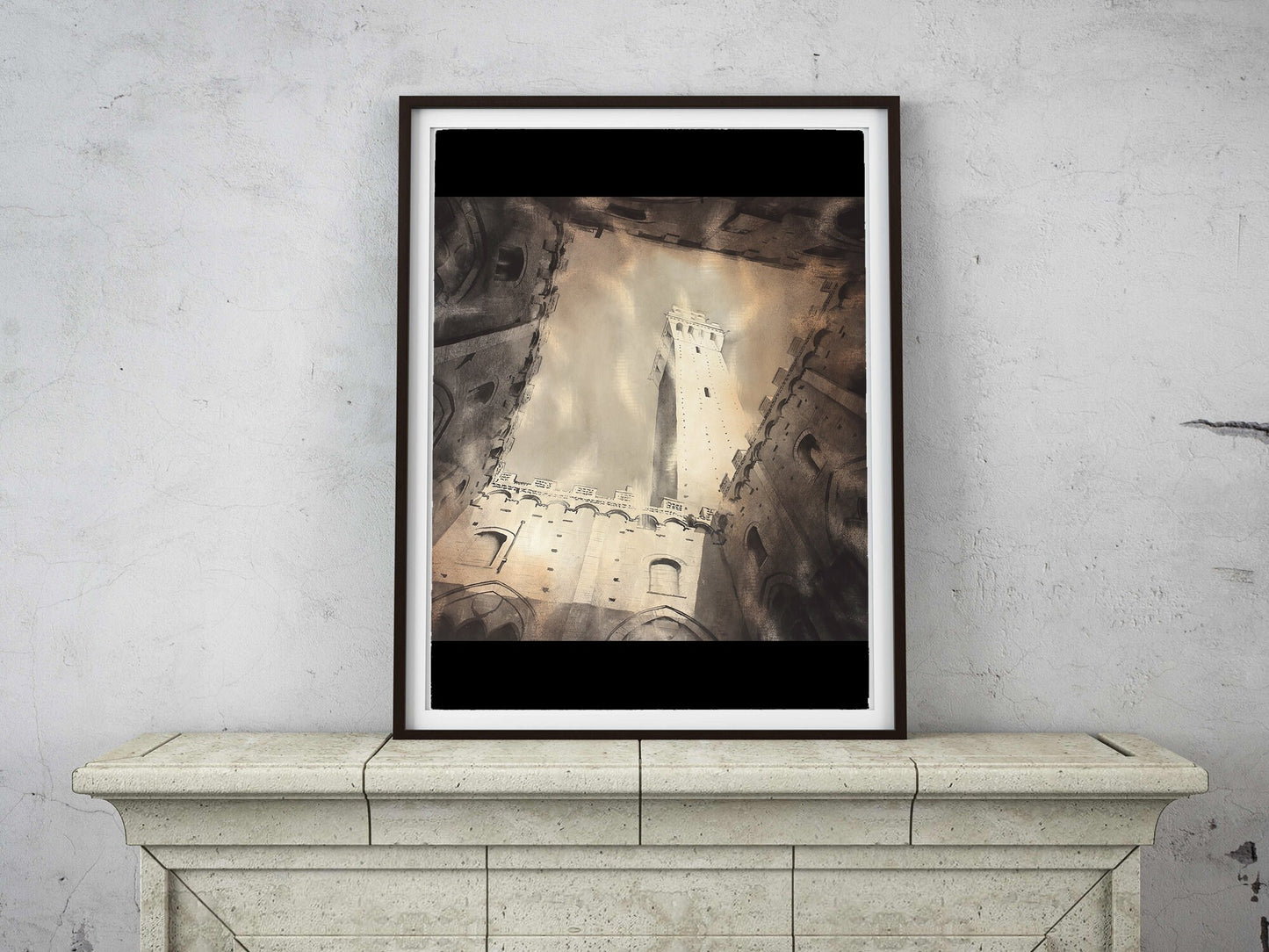 Pintura de acuarela de Siena, Italia. Pintura de acuarela en blanco negro de Siena Italia pintura de bellas artes arte B&W Italia pintura arte blanco negro