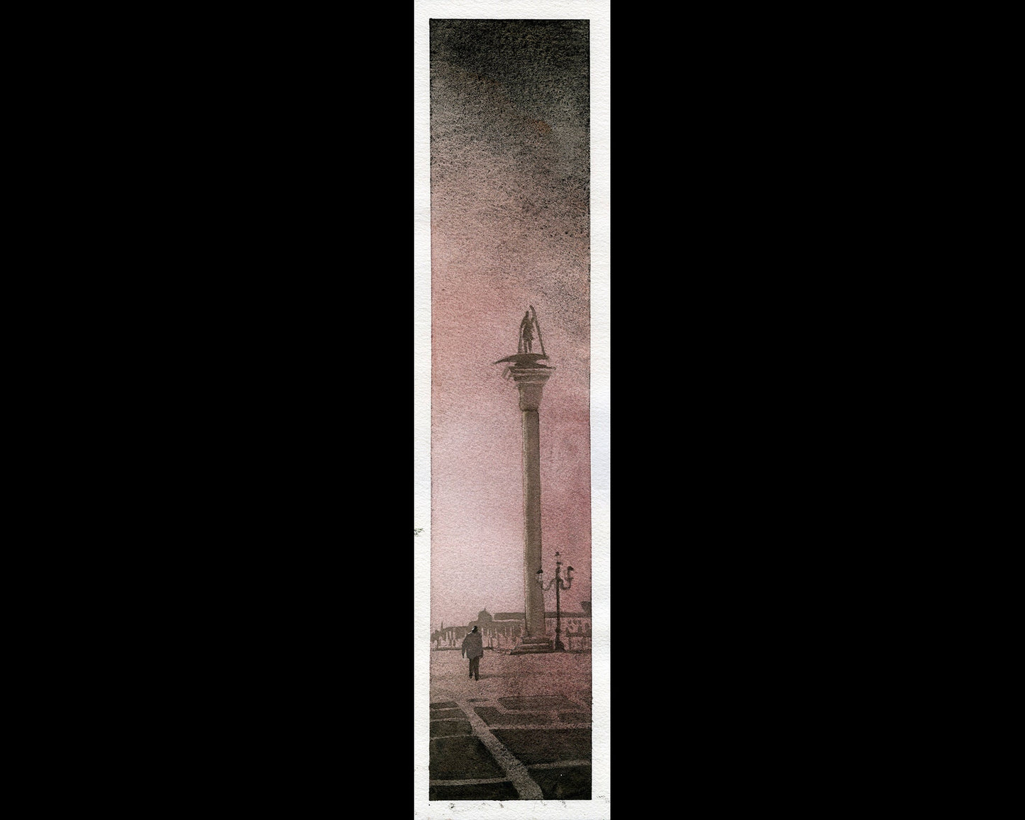 Watercolor painting of the Lion of San Marco statue in Piazza San Marco, Venice, Italy at dawn.