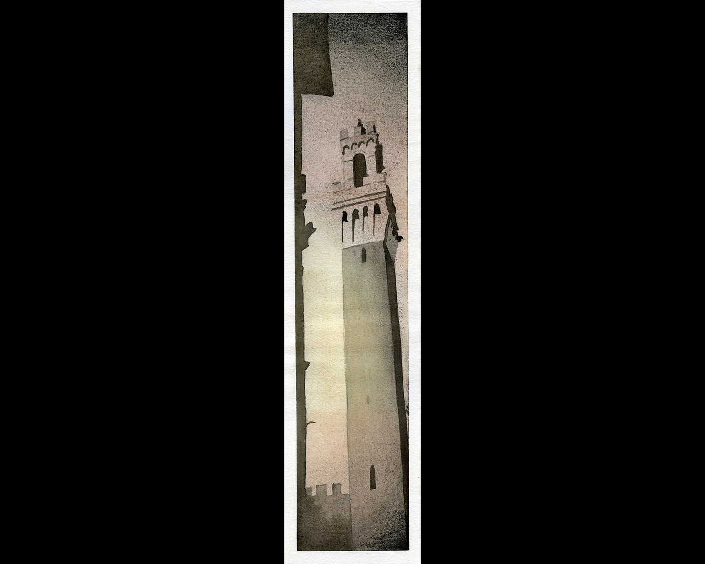 Piazza del Campo in medieval city of Siena, Italy. Watercolor painting of Tower of Mangia in the Pubblico Palace in Siena. Italy home decor (print)