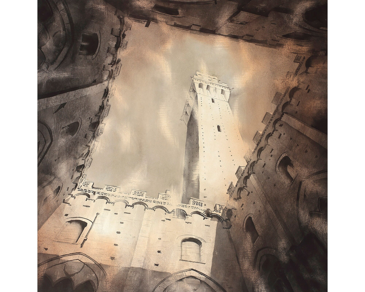 Pintura de acuarela de Siena, Italia. Pintura de acuarela en blanco negro de Siena Italia pintura de bellas artes arte B&W Italia pintura arte blanco negro