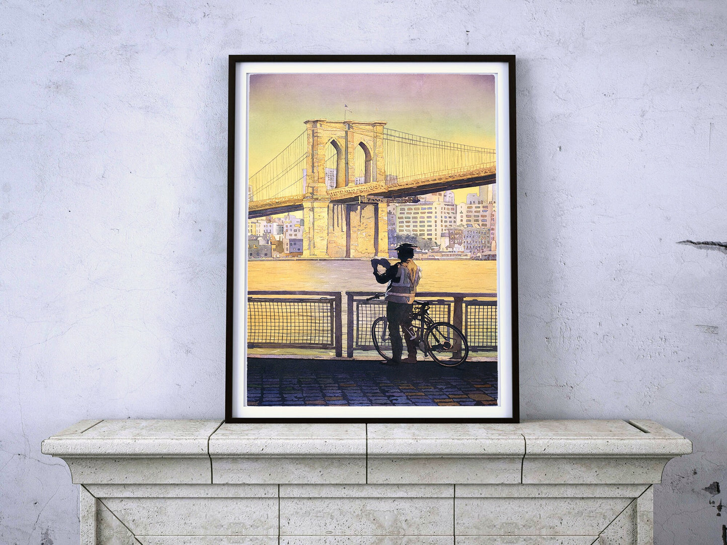 Fine art original watercolor of New York City skyline and Brooklyn Bridge under a sunset sky—ideal NYC home decor or gift for city lovers.