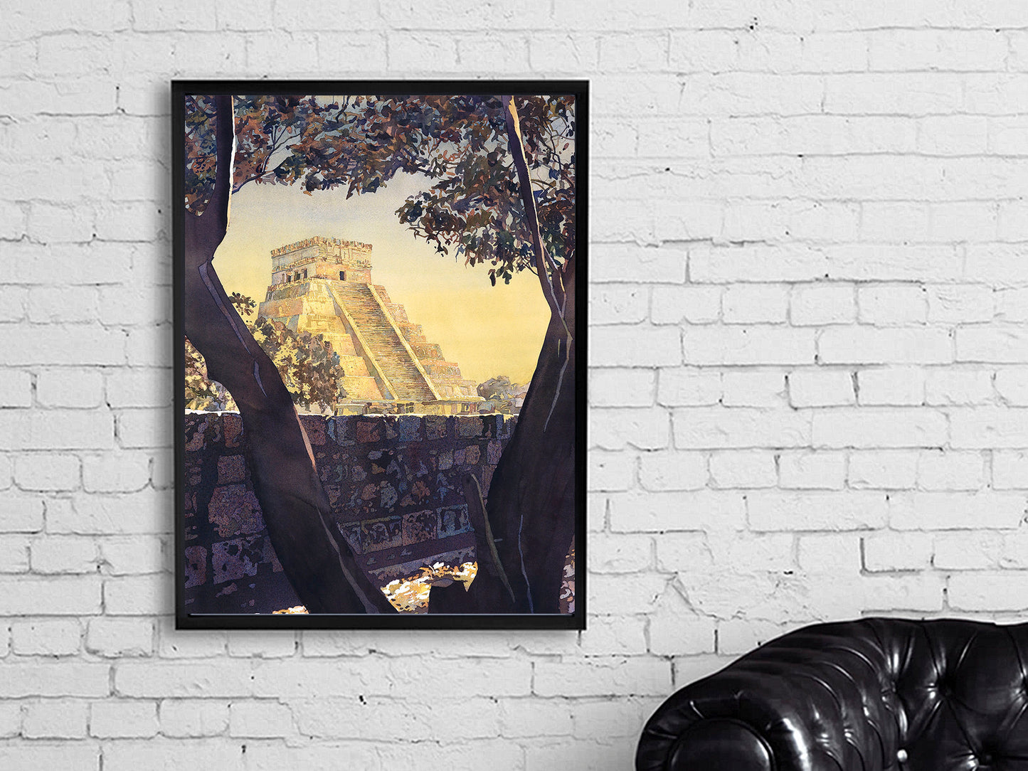 A vibrant watercolor print of the Mayan ruins at Chichen Itza, showcasing El Castillo temple under a glowing sky—perfect as a graduation gift or cultural wall art.