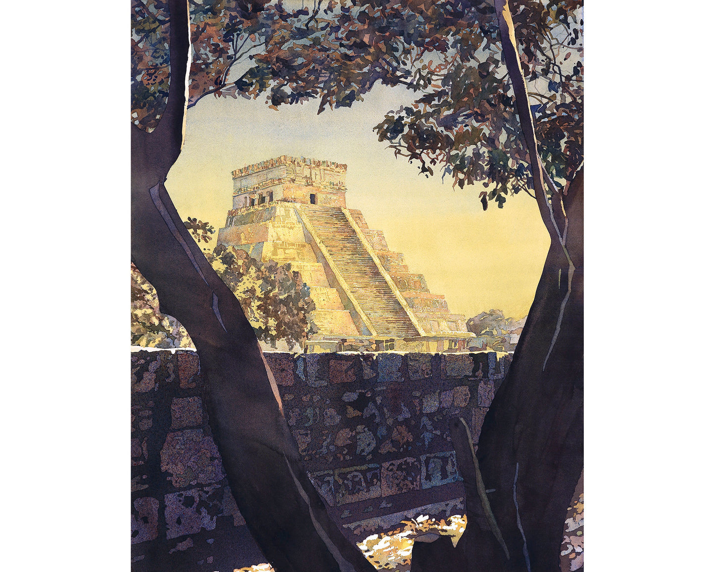 Fine art watercolor of the iconic El Castillo pyramid at Chichen Itza, Yucatan—ideal for Mexico-themed home decor or meaningful alumni artwork gifts.