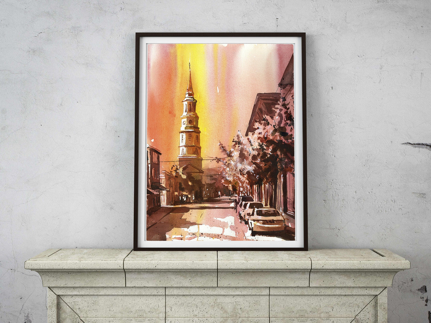 Downtown Charleston, SC at sunset.  Charleston watercolor painting church artwork colorful giclee print Charleston skyline artwork (print)