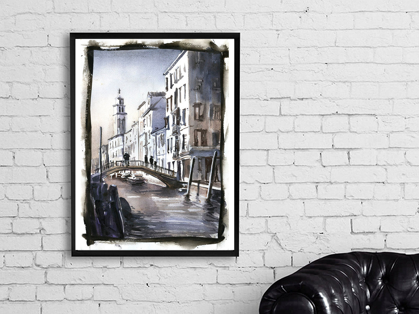 Sunset watercolor of Venice’s medieval skyline and boats, ideal for travel-inspired home décor.