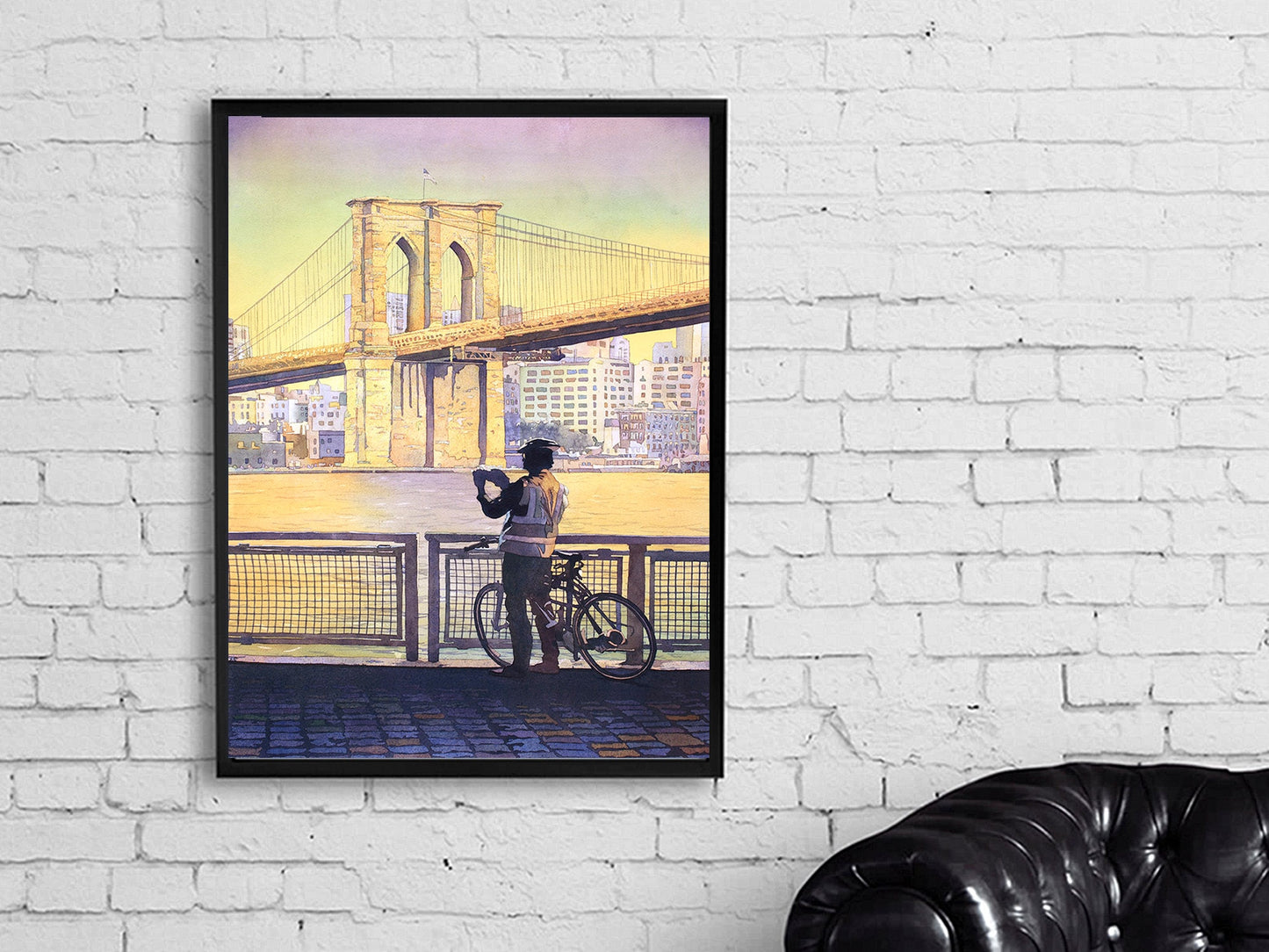 Watercolor painting of the Manhattan skyline at dusk with glowing city lights and the Brooklyn Bridge stretching across the East River—NYC wall art.