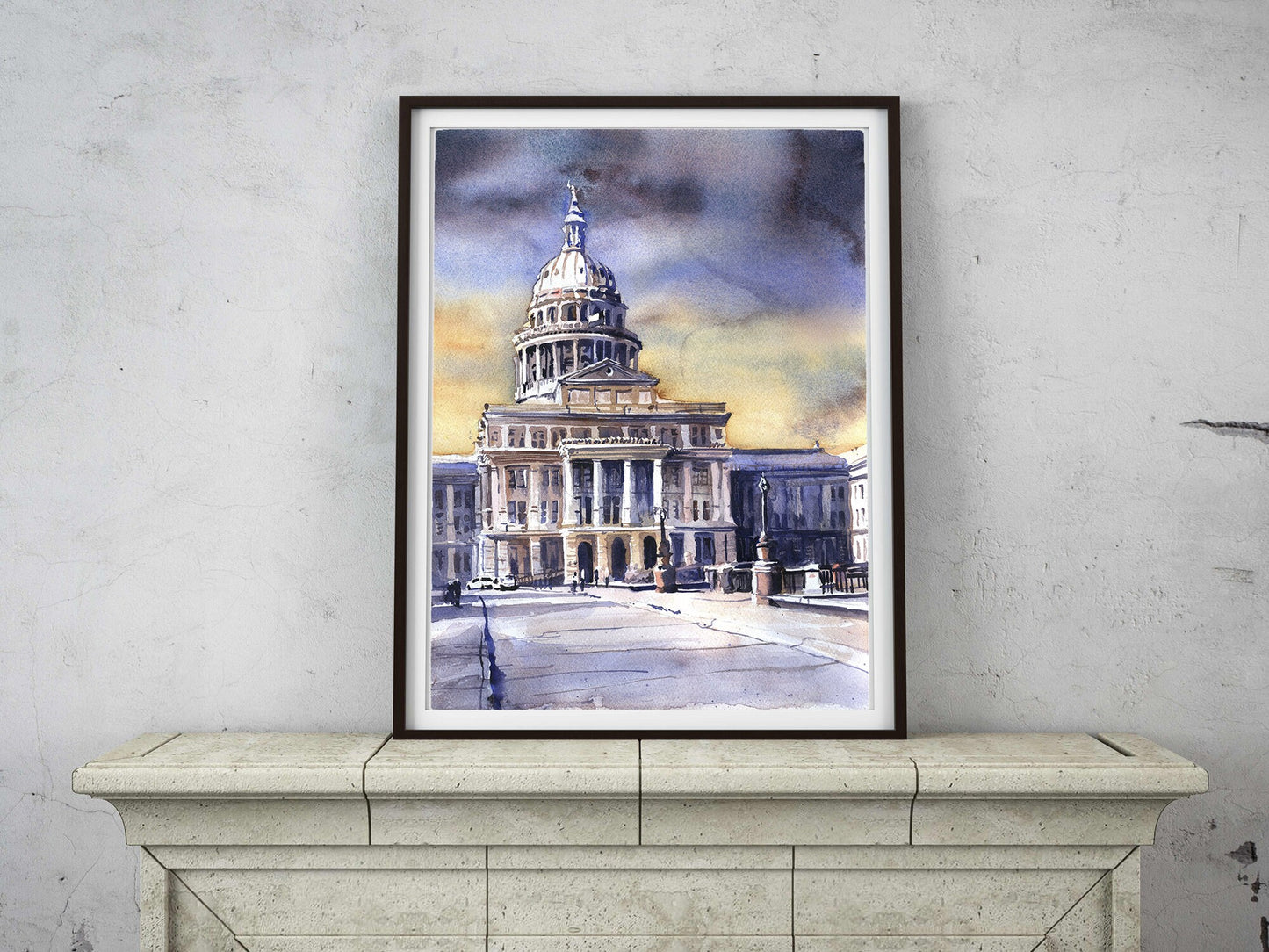 Austin skyline at dusk rendered in blue watercolor, with the State Capitol nestled between modern buildings—ideal cityscape for contemporary interiors.