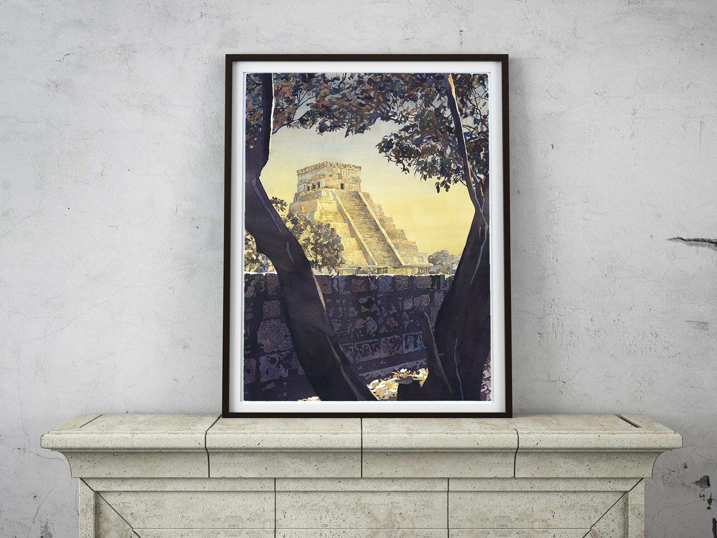 El Castillo Chichen Itza Mexico artwork in watercolor style, offering a bold blend of ancient architecture and modern art, great for graduation or home office decor.