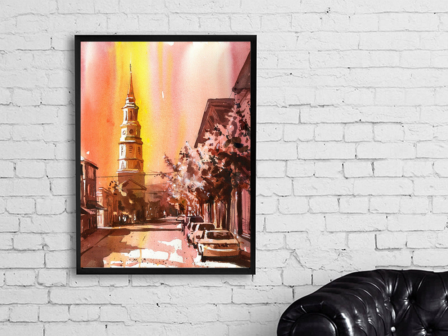 Downtown Charleston, SC at sunset.  Charleston watercolor painting church artwork colorful giclee print Charleston skyline artwork (print)