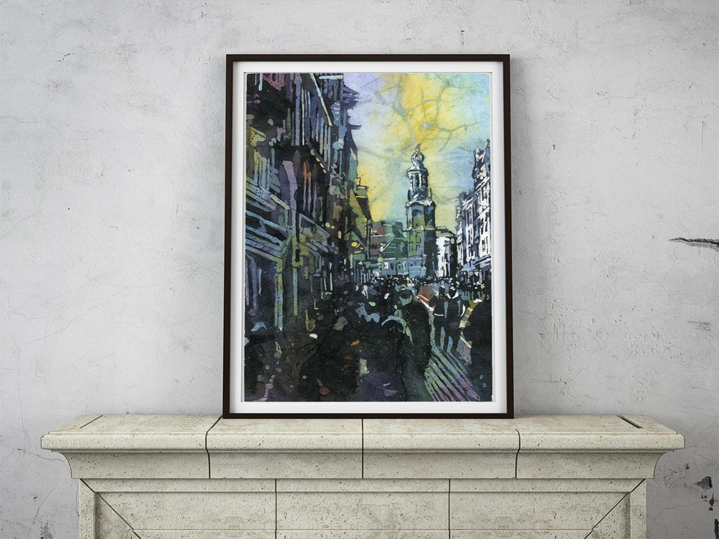 Ciudad de Amsterdam, Países Bajos al atardecer. Acuarela batik Amsterdam horizonte obras de arte pintura colorida Amsterdam Países Bajos horizonte (impresión)
