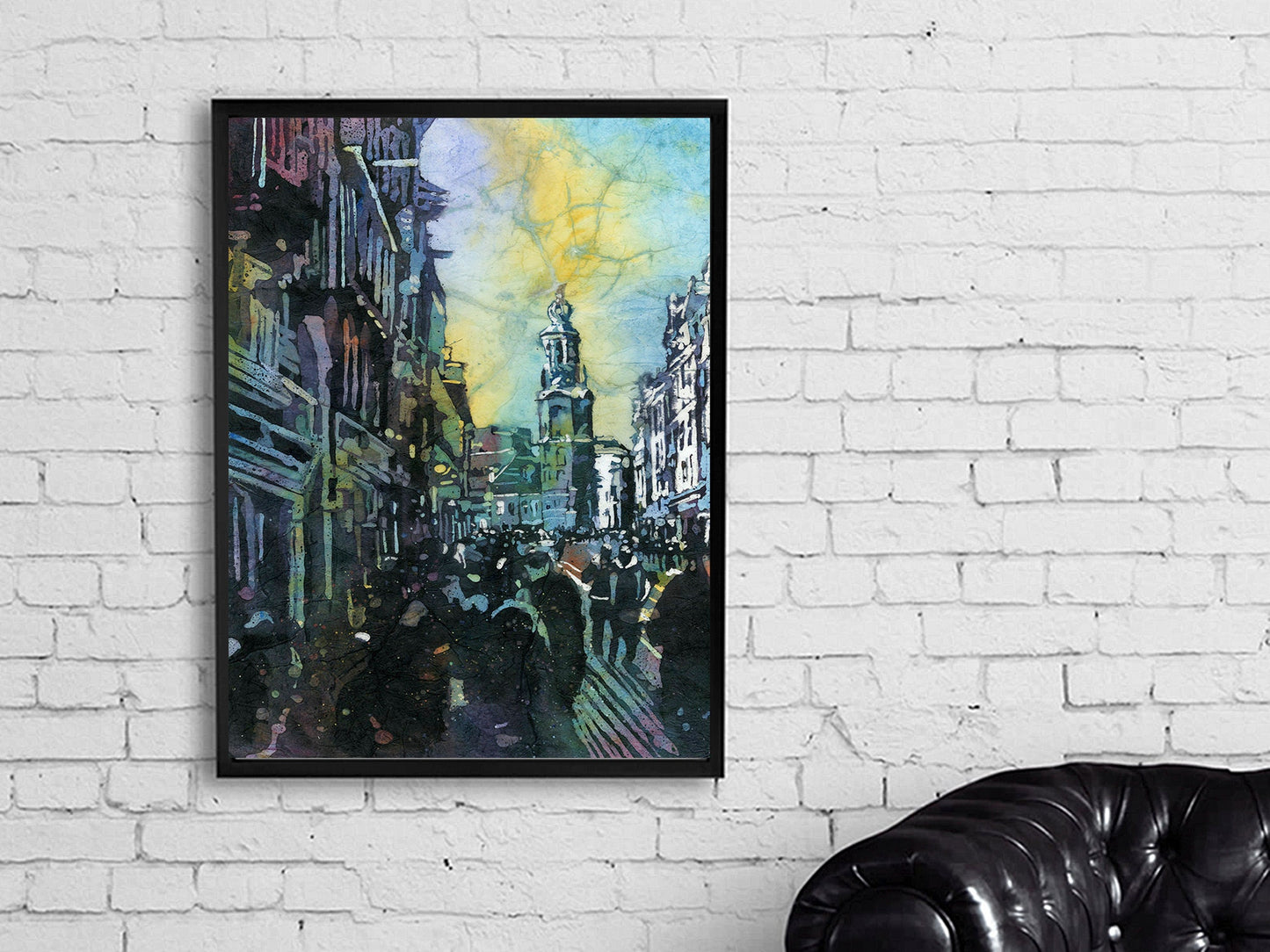 Ciudad de Amsterdam, Países Bajos al atardecer. Acuarela batik Amsterdam horizonte obras de arte pintura colorida Amsterdam Países Bajos horizonte (impresión)