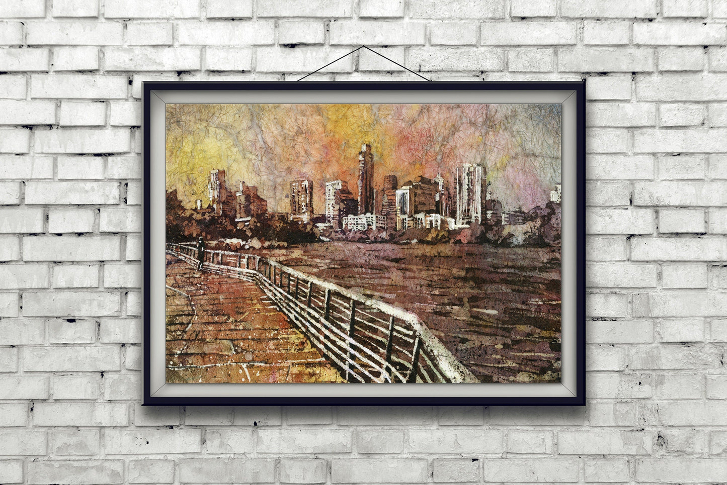 Austin Texas skyline artwork featuring tall buildings and the Capitol dome under a bold sky—ideal graduation gift, housewarming present, or office decor.