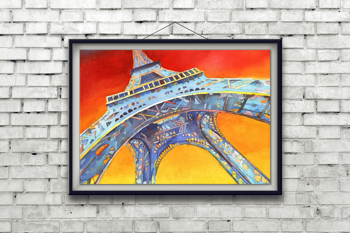 Fine art watercolor painting of portion of the Eiffel Tower at sunset- Paris, France