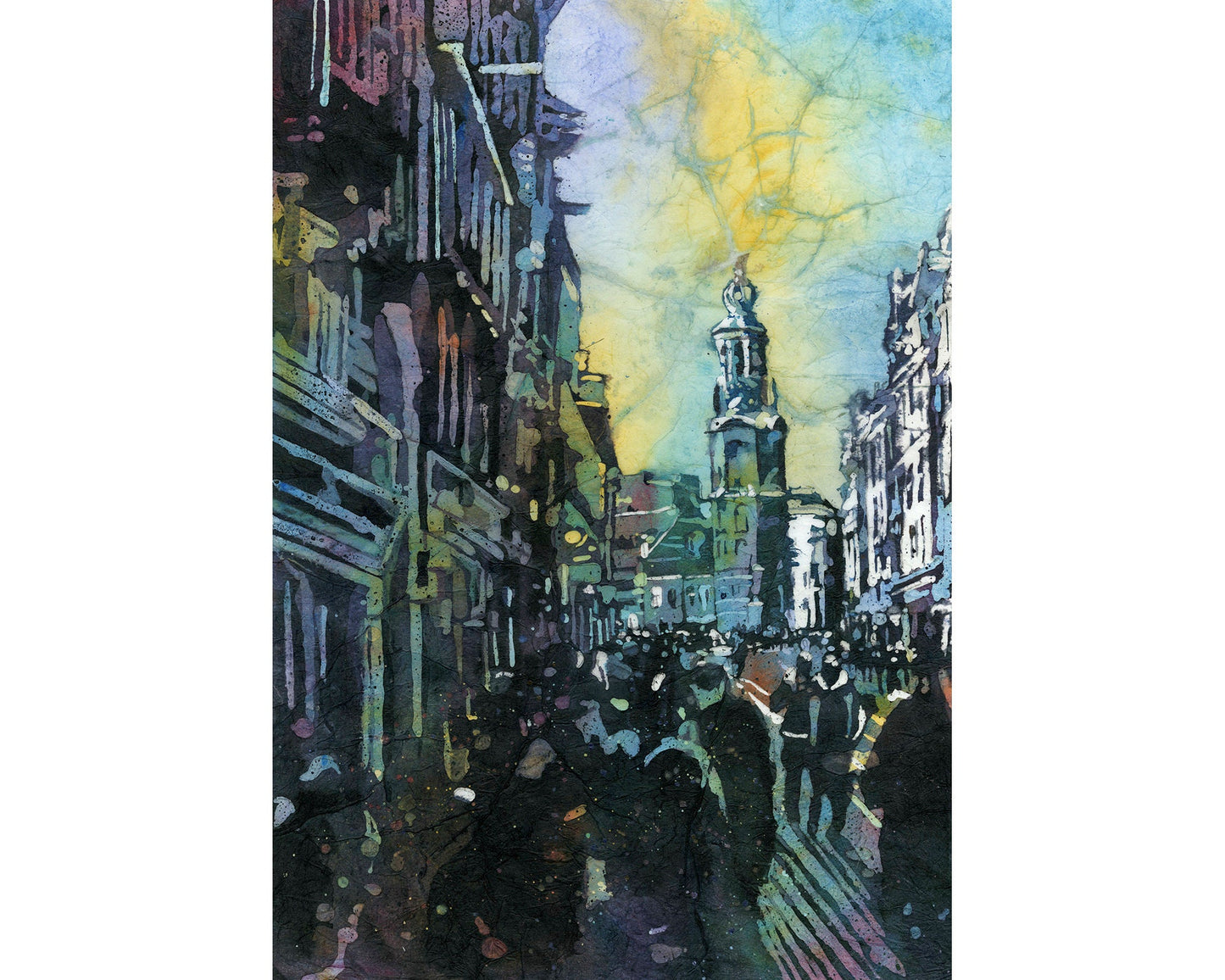 Ciudad de Amsterdam, Países Bajos al atardecer. Acuarela batik Amsterdam horizonte obras de arte pintura colorida Amsterdam Países Bajos horizonte (impresión)