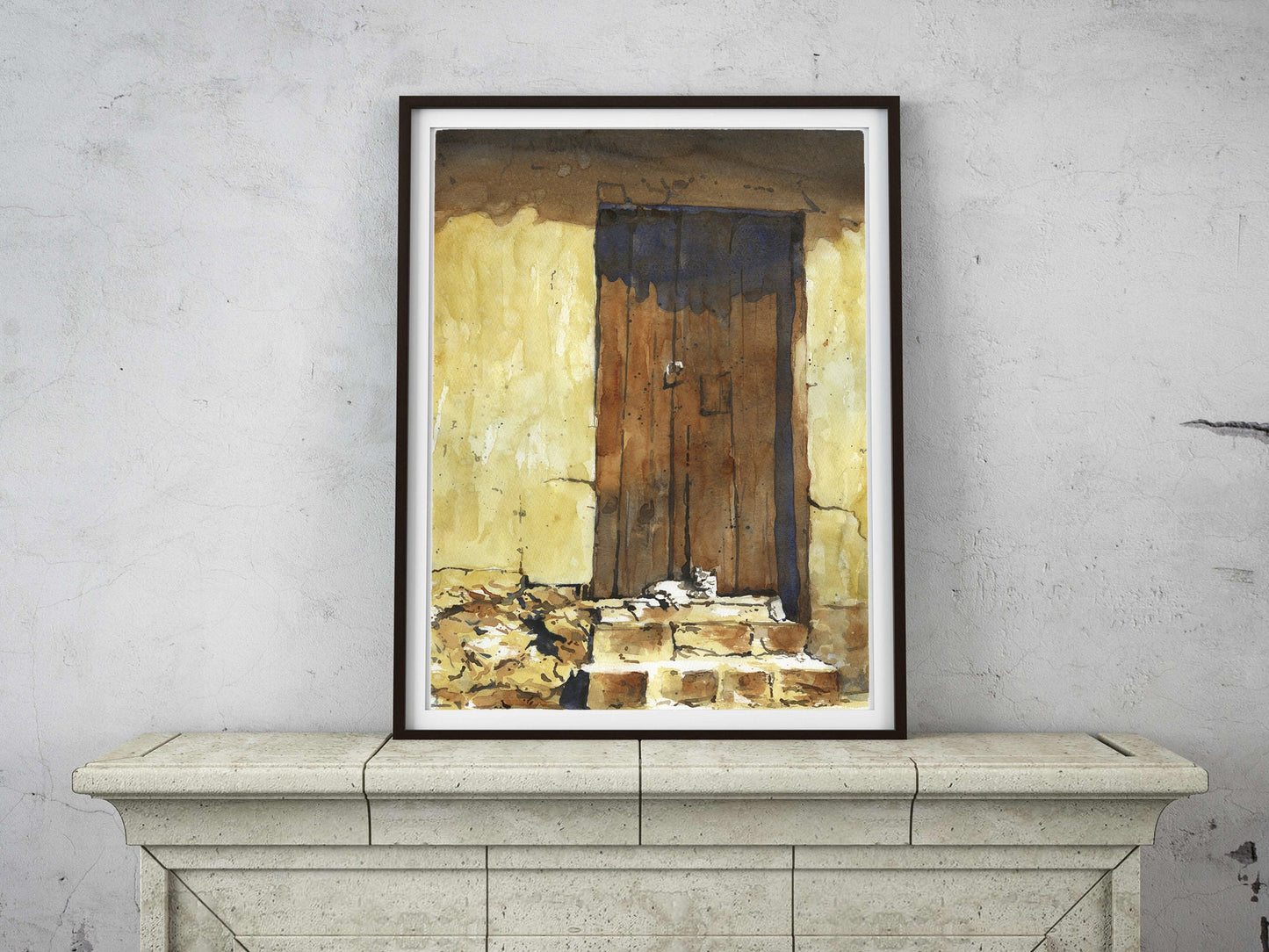 Gato tumbado en la puerta de una casa en la ciudad de Cusco, Perú. Perú arte acuarela pintura de gato descansando sobre escalones acuarela (impresión)