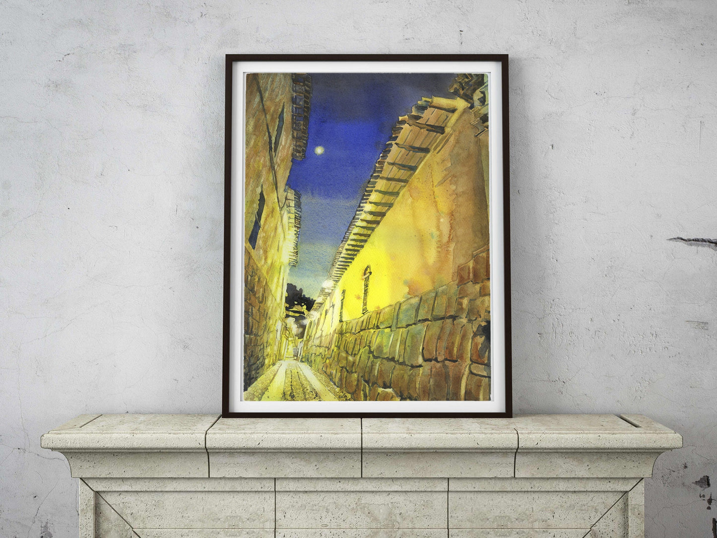 Incan stonework in the Callejon de Loreto at night in the city of Cusco, Peru.  Original watercolor painting. Fine art Cusco Peru painting