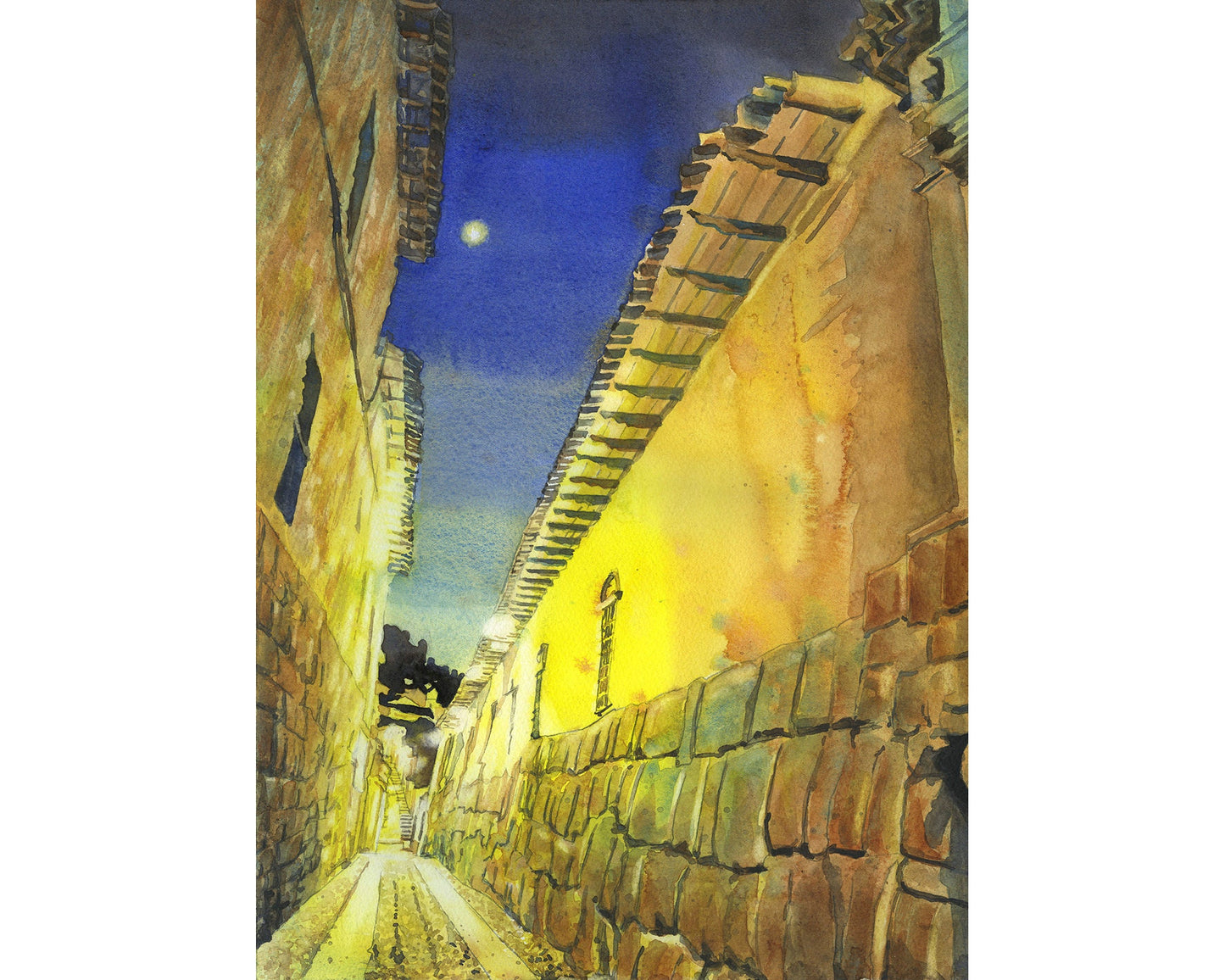 Incan stonework in the Callejon de Loreto at night in the city of Cusco, Peru.  Cusco painting fine art yellow blue watercolor painting Peru (print)