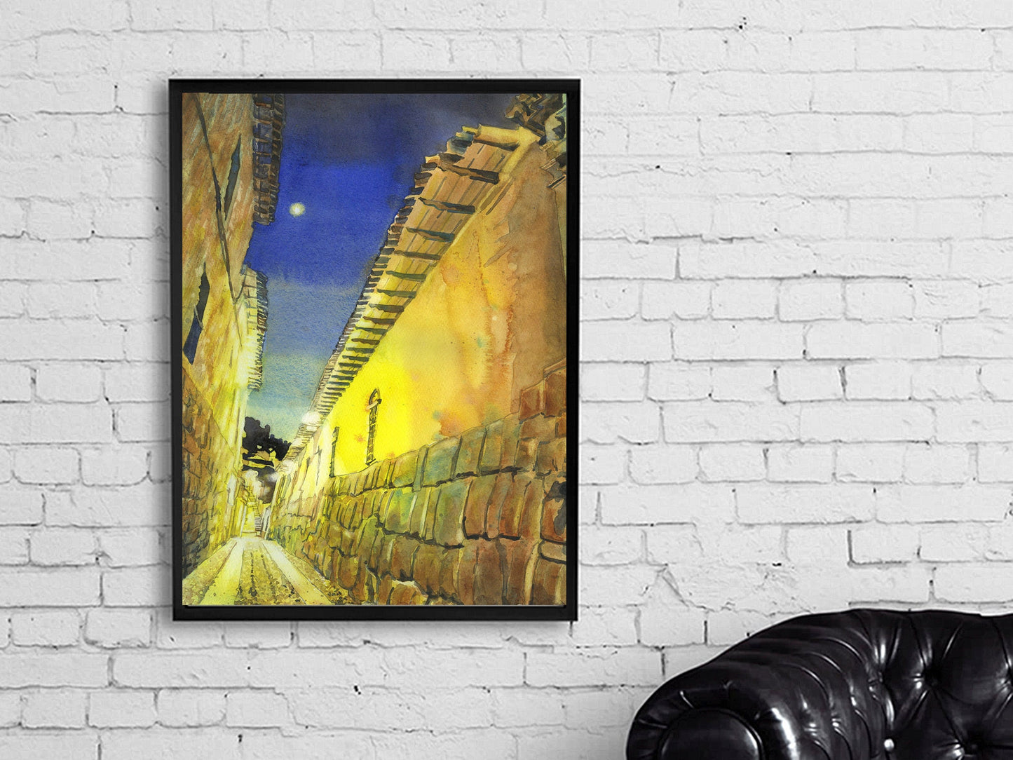 Incan stonework in the Callejon de Loreto at night in the city of Cusco, Peru.  Original watercolor painting. Fine art Cusco Peru painting