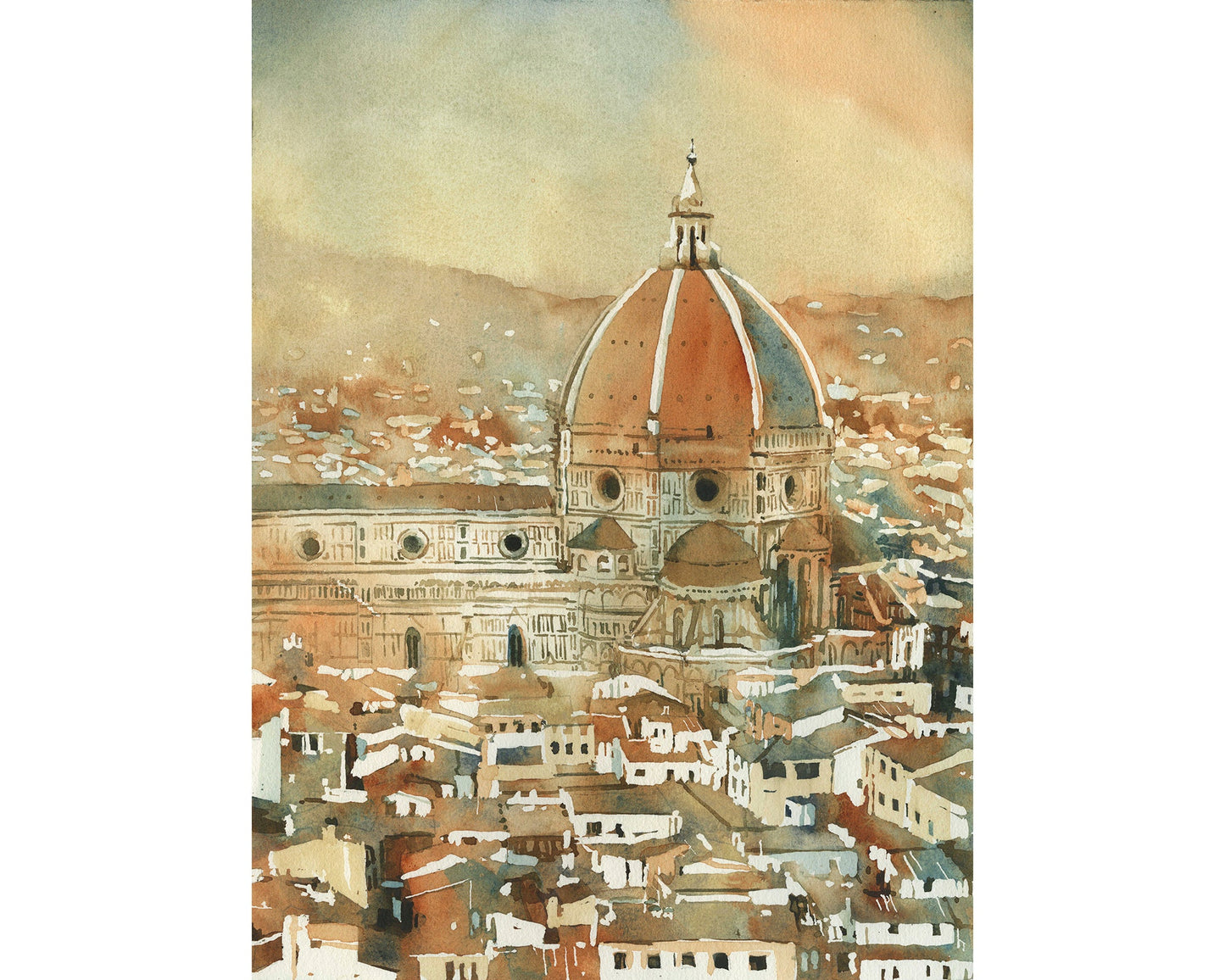 Duomo y paisaje urbano de Florencia desde el Palazzo di Michelangelo- Florencia, Italia. Pintura en acuarela del arte del horizonte del Duomo Firenze Italia (impresión)