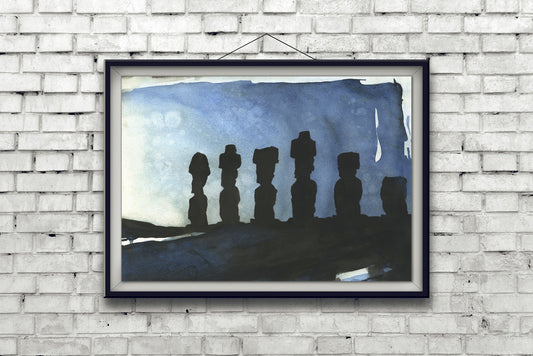 Ruins of Moai statues on Easter Island- Chile. Watercolor painting Moai statues Easter Island art. Moai original watercolor painting