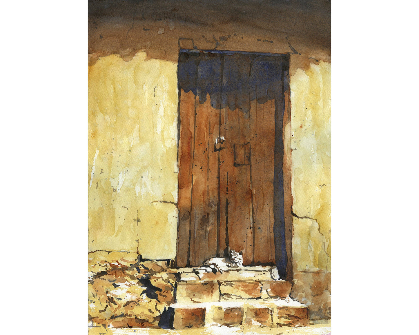 Gato tumbado en la puerta de una casa en la ciudad de Cusco, Perú. Perú arte acuarela pintura de gato descansando sobre escalones acuarela (impresión)