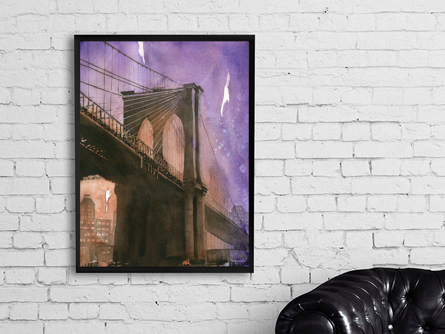 Twilight scene of NYC skyline captured in watercolor with the Brooklyn Bridge arching gracefully in the foreground—ideal wall decor.
