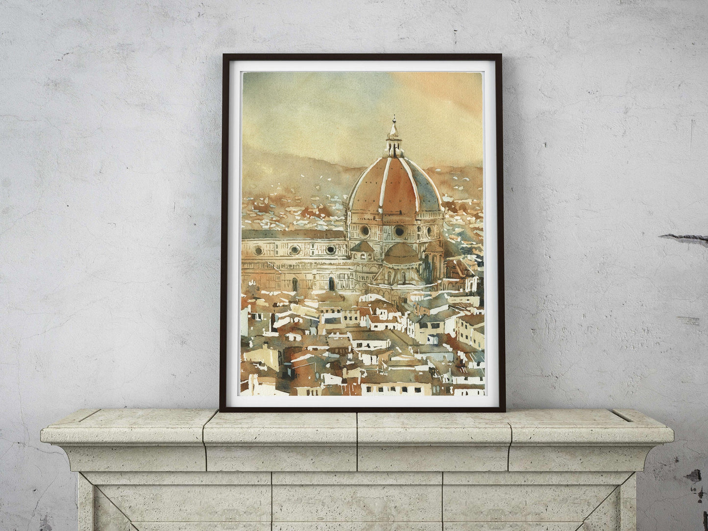 Duomo y paisaje urbano de Florencia desde el Palazzo di Michelangelo- Florencia, Italia. Pintura en acuarela del arte del horizonte del Duomo Firenze Italia (impresión)