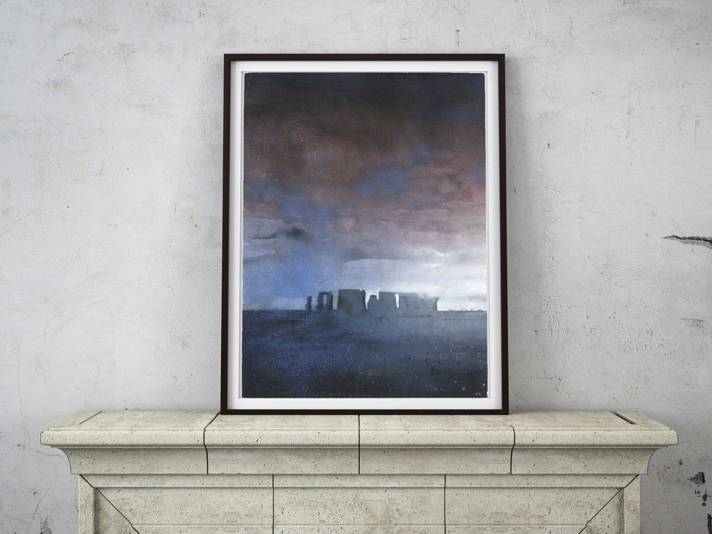 Ruinas monolíticas de Stonehenge en la campiña británica al atardecer. Pintura de bellas artes de obras de arte de Stonehenge. Acuarela de bellas artes ruinas de Stoneheng Reino Unido