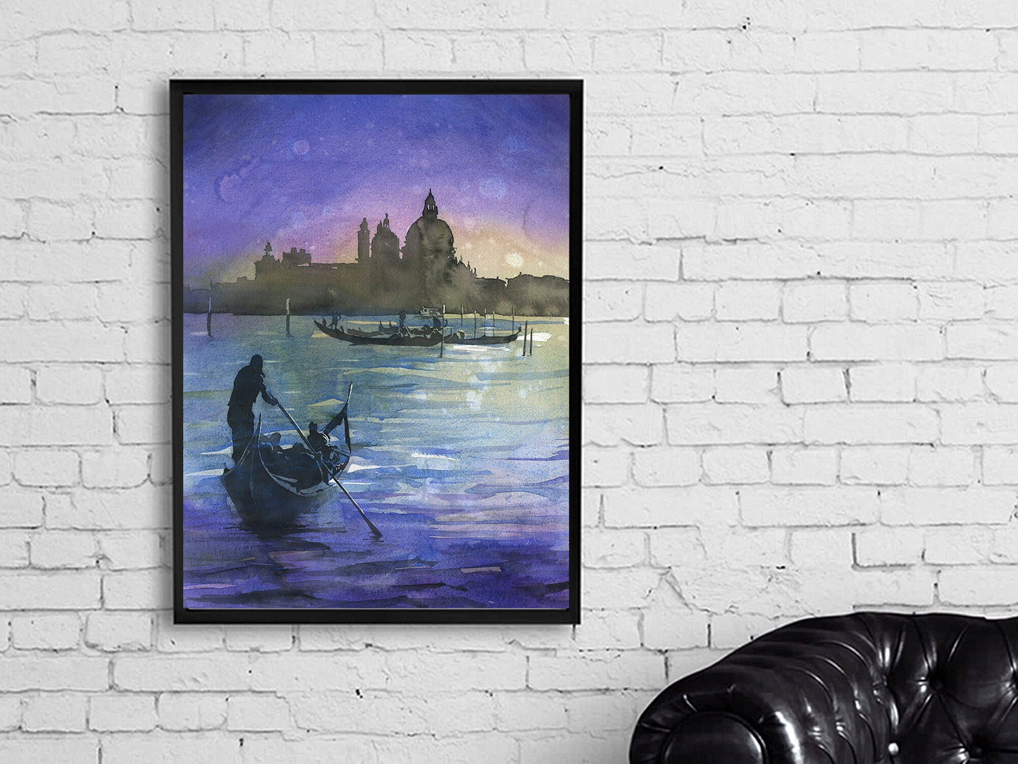 Colorful Venice artwork with gondola and historic church glowing under a full moon.