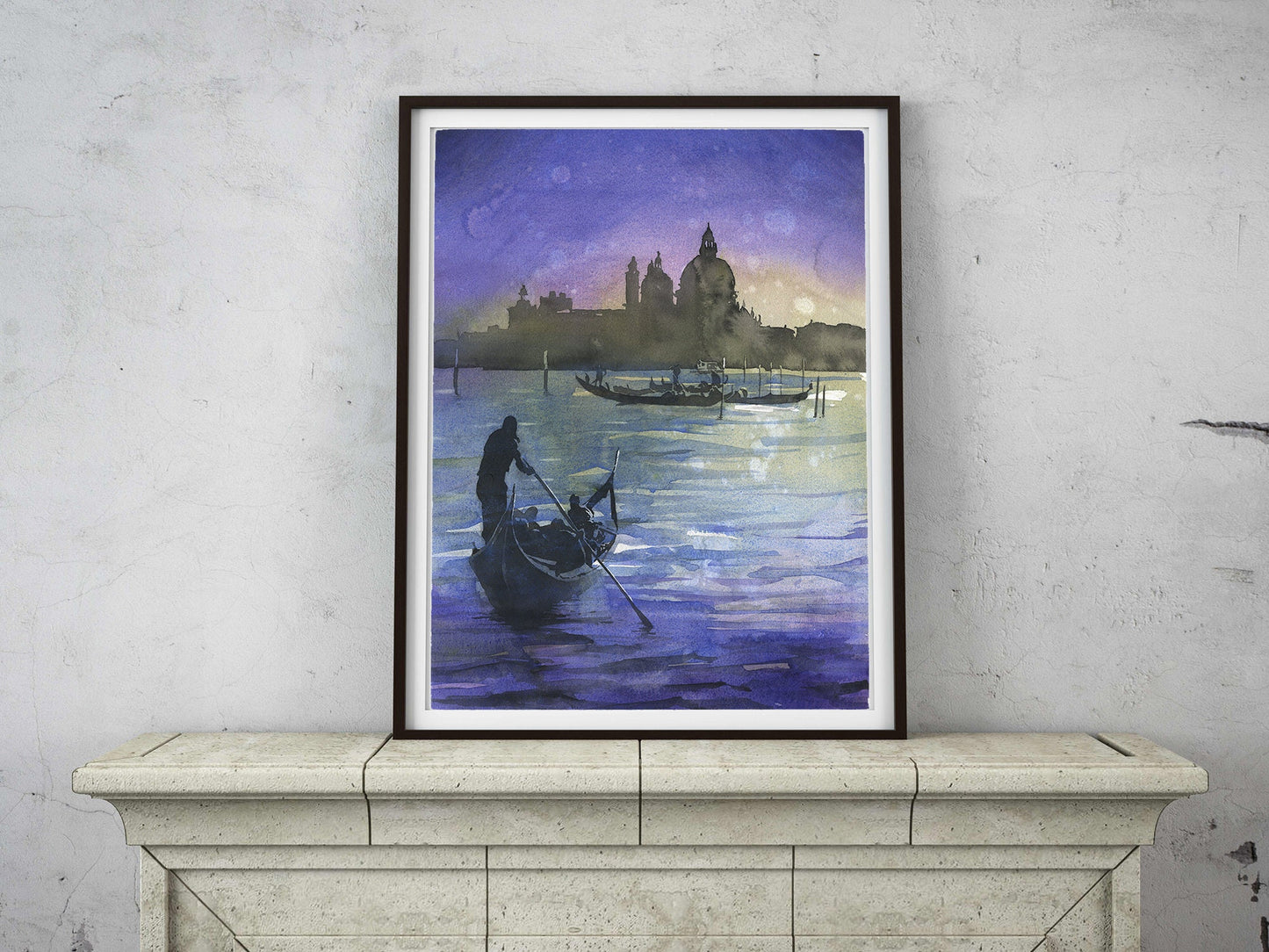 Góndola e iglesia- Venecia, Italia. Santa Maria della Salute iluminada por la luna en la ciudad medieval de Venecia, Italia. Pintura original de acuarela Venecia