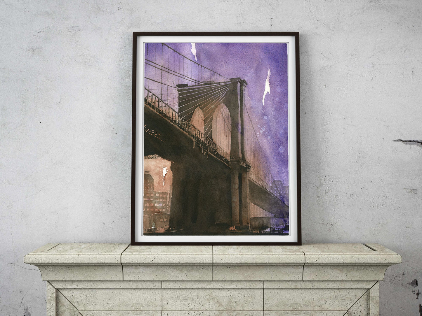 Hand-painted watercolor artwork of the Manhattan skyline and Brooklyn Bridge in New York—great addition to city-inspired interiors.