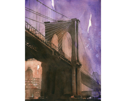 Brooklyn Bridge and Manhattan in New York City- New York, USA. Watercolor painting Brooklyn Bridge NYC skyline
