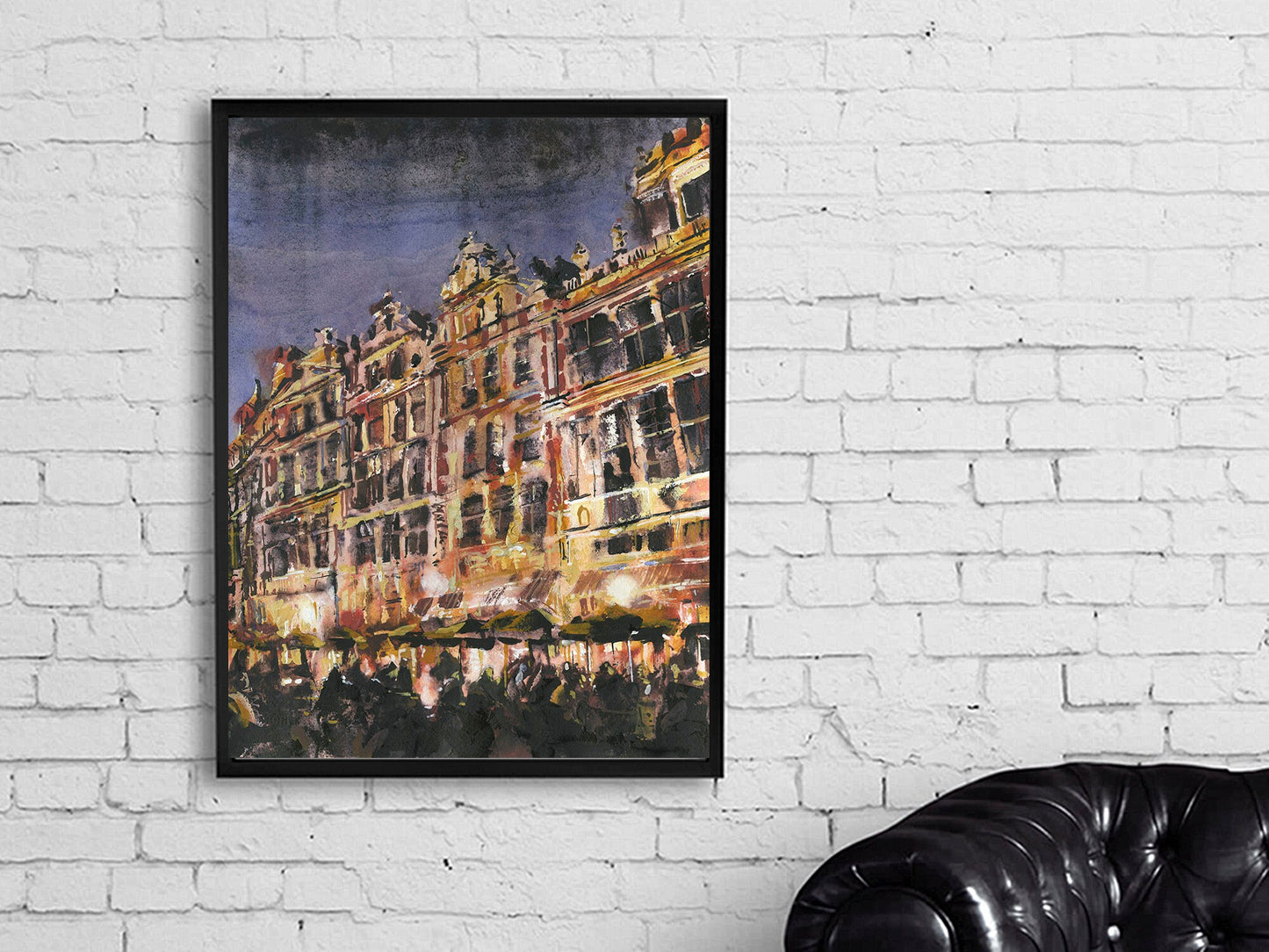 Arte de la plaza del mercado Grand Place de Bruselas. Pintura del salón dorado en la plaza del mercado en el centro de Bruselas, Bélgica. Acuarela arte de Bruselas (impresión)