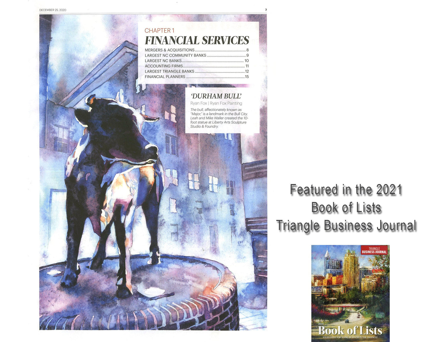 Durham Bull bronze statue in downtown Durham, NC at dusk.  Fine art painting of bull statue in downtown Durham, home decor (print)