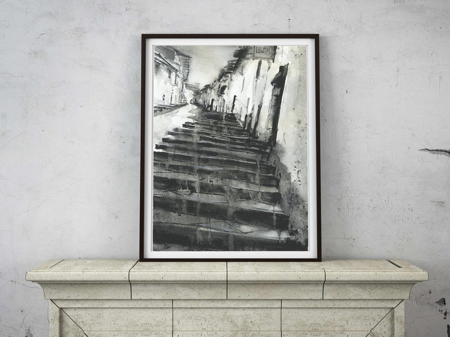 Pintura de acuarela de bellas artes de Cusco- Perú. Escena callejera en la ciudad inca de Cusco, Perú pintura de acuarela de bellas artes Obra de arte en blanco y negro Calle Cusco (impresión)