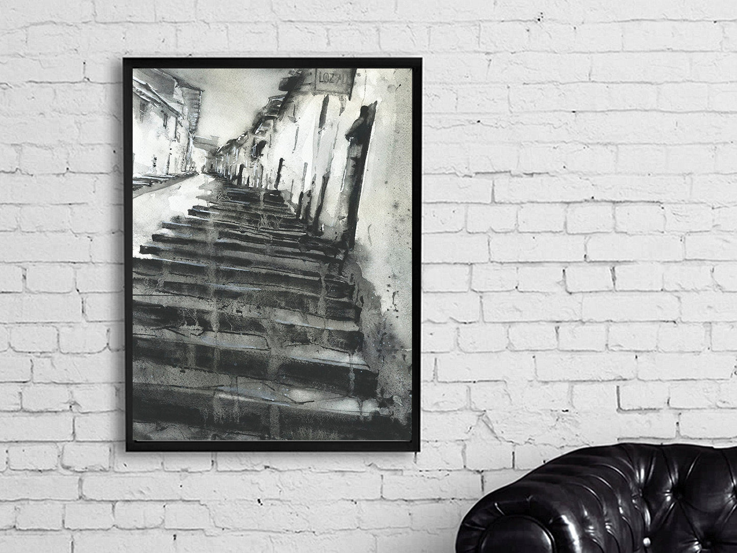 Pintura de acuarela de bellas artes de Cusco- Perú. Escena callejera en la ciudad inca de Cusco, Perú pintura de acuarela de bellas artes Obra de arte en blanco y negro Calle Cusco (impresión)