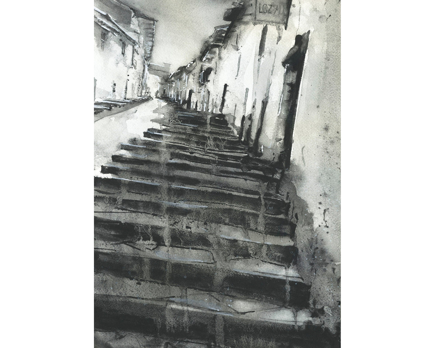 Pintura de acuarela de bellas artes de Cusco- Perú. Escena callejera en la ciudad inca de Cusco, Perú pintura de acuarela de bellas artes Obra de arte en blanco y negro Calle Cusco (impresión)