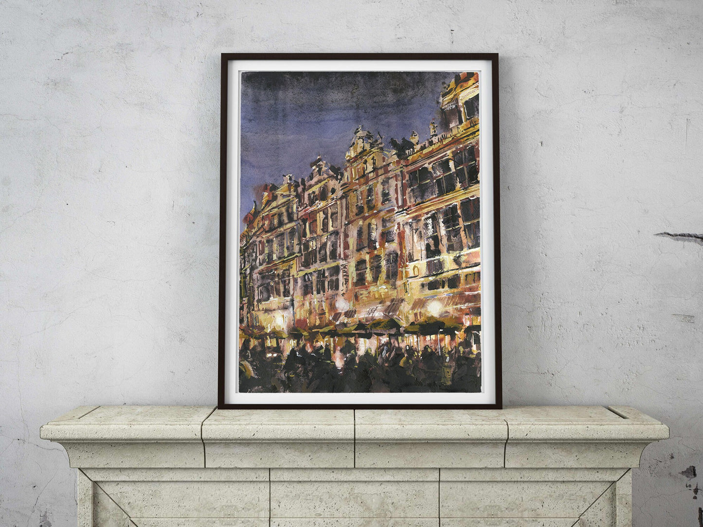 Arte de la plaza del mercado Grand Place de Bruselas. Pintura del salón dorado en la plaza del mercado en el centro de Bruselas, Bélgica. Acuarela arte de Bruselas (impresión)