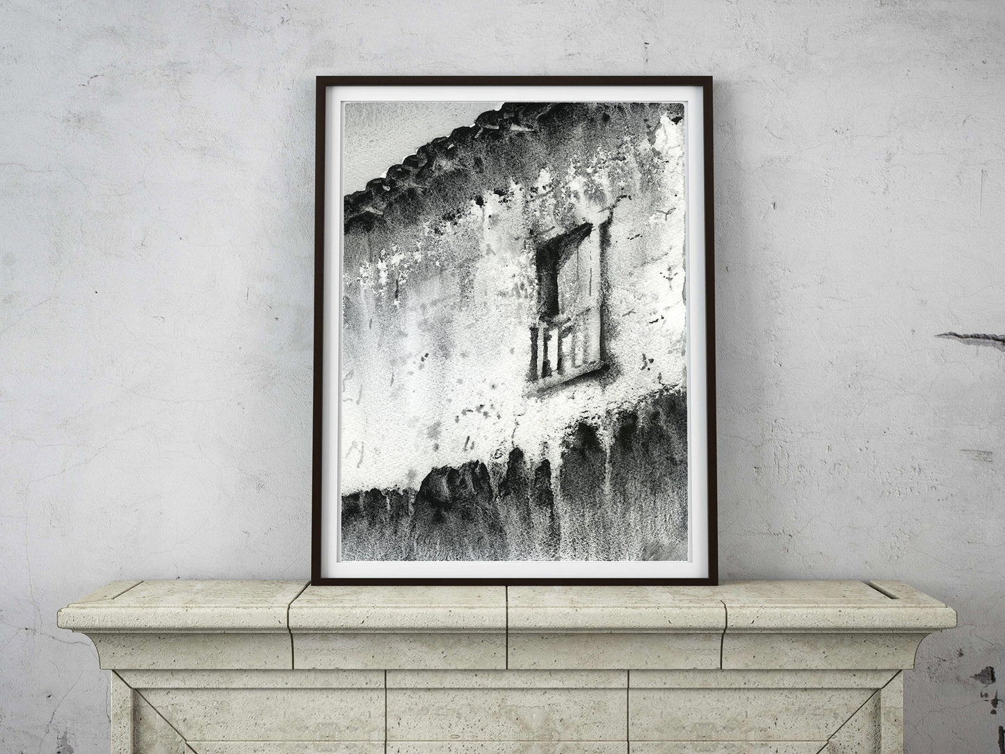 Watercolor painting of architecture in Sacred Valley, Peru.  Houses of Peru architecture artwork black and white art Peruvian dooway