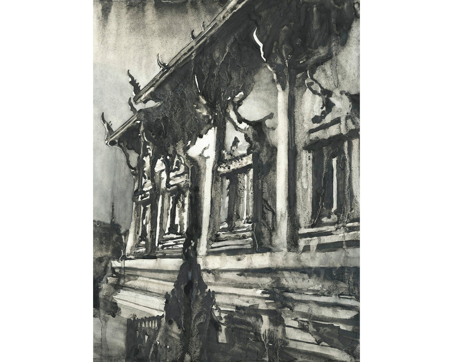 Templo budista de Wat Pra Singh en la ciudad de Chiang Mai, Tailandia. Budista wat Tailandia obra de arte monocromática Budismo acuarela (impresión)