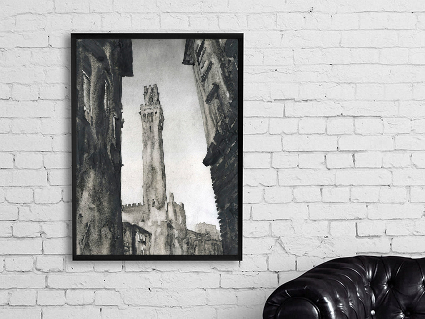Siena, Italy tower. Torre del Mangia in medieval city of Siena, Italy artwork. Siena painting watercolor fine art Italy Tuscany (print)