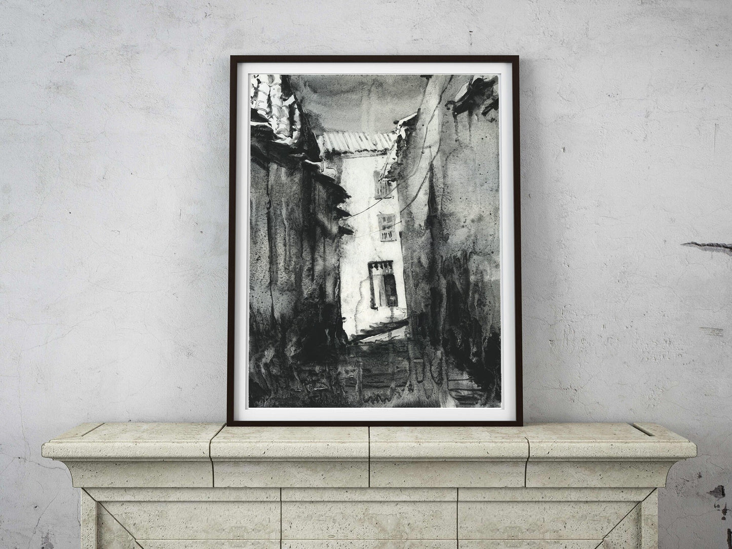 Puerta de entrada a la ciudad inca de Cusco, Perú. Pintura monocromática de acuarela en blanco y negro Hogar de Cusco- Perú. Pintura de acuarela Cusco (impresión)