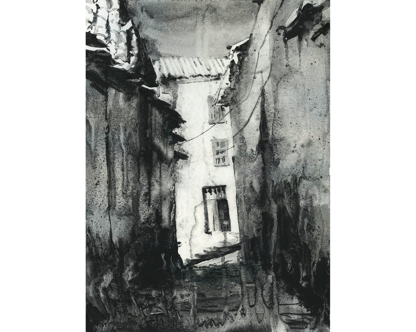Puerta de entrada a la ciudad inca de Cusco, Perú. Pintura monocromática de acuarela en blanco y negro Hogar de Cusco- Perú. Pintura de acuarela Cusco (impresión)